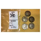 (5) silver Mercury dimes