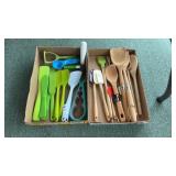 Two Trays of Plastic and Wooden Utensils