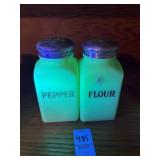 Vintage Uranium Jadeite Flour and Pepper Shakers