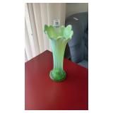 Vintage green opalescent swung glass vase 10in.