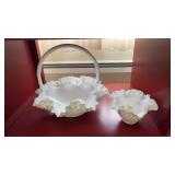 Milk Glass Ruffled Basket and Bowl