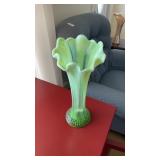 Vintage green opalescent swung glass vase 10in.