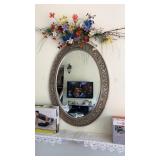 Wall Mirror with Faux Flowers and Wall Clock