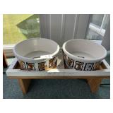 2 ceramic dog bowl set with handmade holder