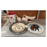 Decorative Christmas Plates, Cup, Gravy Boat, and