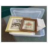 Plastic bin with framed prints & empty frames