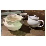 Ceramic Teapot, Violet Pot, and 2 Quaker Bowls