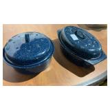 2 Enameled Blue Speckled Roasters