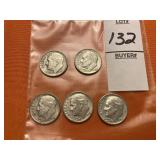 Two 1962 and three 1963 Roosevelt dimes