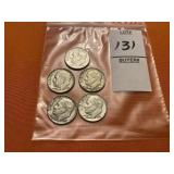 Five 1961 Roosevelt dimes