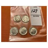 Two 1957 and three 1958 Roosevelt dimes