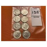 Eight 1964 Roosevelt dimes