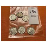 Three 1959 and three 1960 Roosevelt dimes