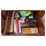 Drawer of Office Supplies, Pencils, Gloves, etc.