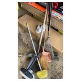 Lot of Brooms, Metal Shovel, and dust pan