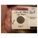 1867 shield nickel no rays VF 30