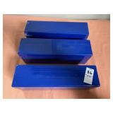 Three blue plastic storage boxes designed to hold