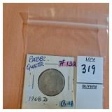 1908 D silver barber quarter