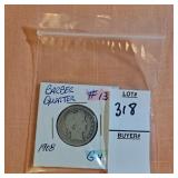 1908  silver barber quarter