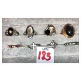 (8) vintage fashion rings abalone cross band etc