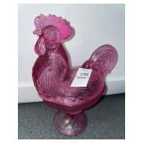 Vintage pink glass rooster candy dish