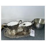 Silverplate Ornate Enamel Creamer, Sugar Bowl &