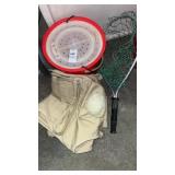 Fishing vest, bait bucket, and net