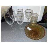 Vintage amber pedestal dish & glassware set