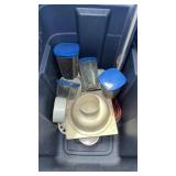 Tote of Hardware, containers, and pvc fittings