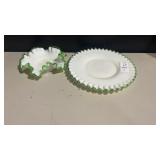 2 Fenton Emerald Crest milk glass flared ruffled
