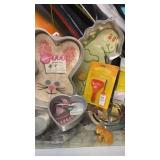 Wilton cake pans, candy molds, cat figurines and