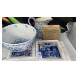 Delft Holland tiles, Bluebird flour cookbook,