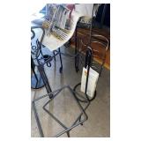 Metal stands, birdhouse and Cardinal tea towel