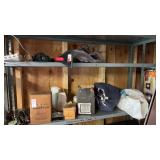 Shelf contents, ice scraper, screwdrivers, books,