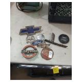 Misc auto decals, metal Chevy Cheyenne etc