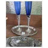 Metal Trays and Champagne Flutes, etc Lot