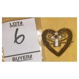 Enameled cross on goldtone heart pin