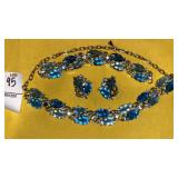 Vintage molded blue leaves necklace earrings