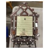 Wood lattice mirror with candle holders, basket