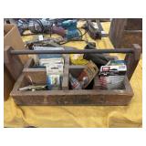 Vintage wooden tool box with bolts, screws,
