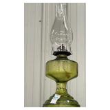 Antique oil lamp, green textured glass body 19 in