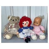 Raggedy Ann doll, baby doll & bear