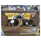 Vintage wooden tool box with gages and chisels
