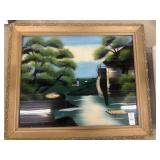 Reverse glass painting of cottage and lake