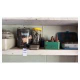 Shelf lot of assorted bits, tape, etc.