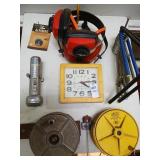Clock, ear pro, tie wire whell etc lot
