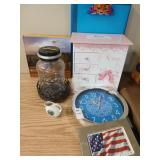 Misc houseware lot, bank, jewelry box etc