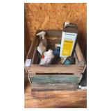 Wooden crate with miscellaneous liquids and parts