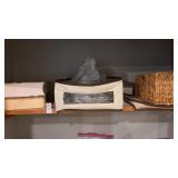 Wooden book storage, other storage, and a woven