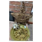 Wooden decorative star, gold speckled plates, and